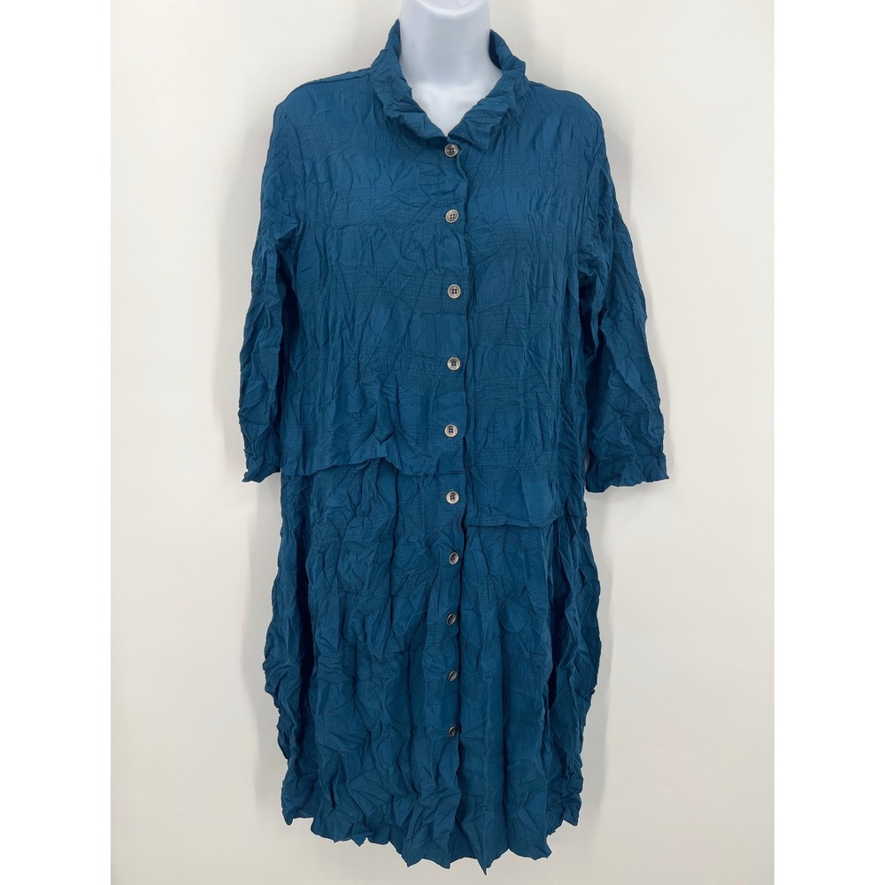 Chalet et Ceci Lagenlook Arty Teal Crinkle Shirt Dress Size‎ M